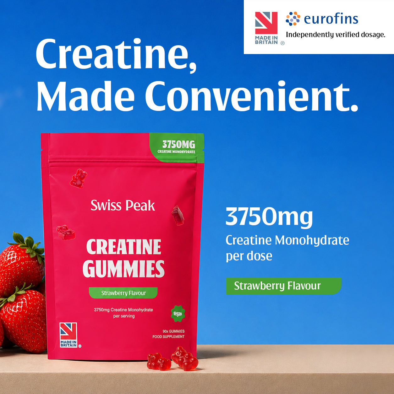 Creatine Gummies 3750mg Creatine Monohydrate Strawberry Flavour 90 Vegan Gummies