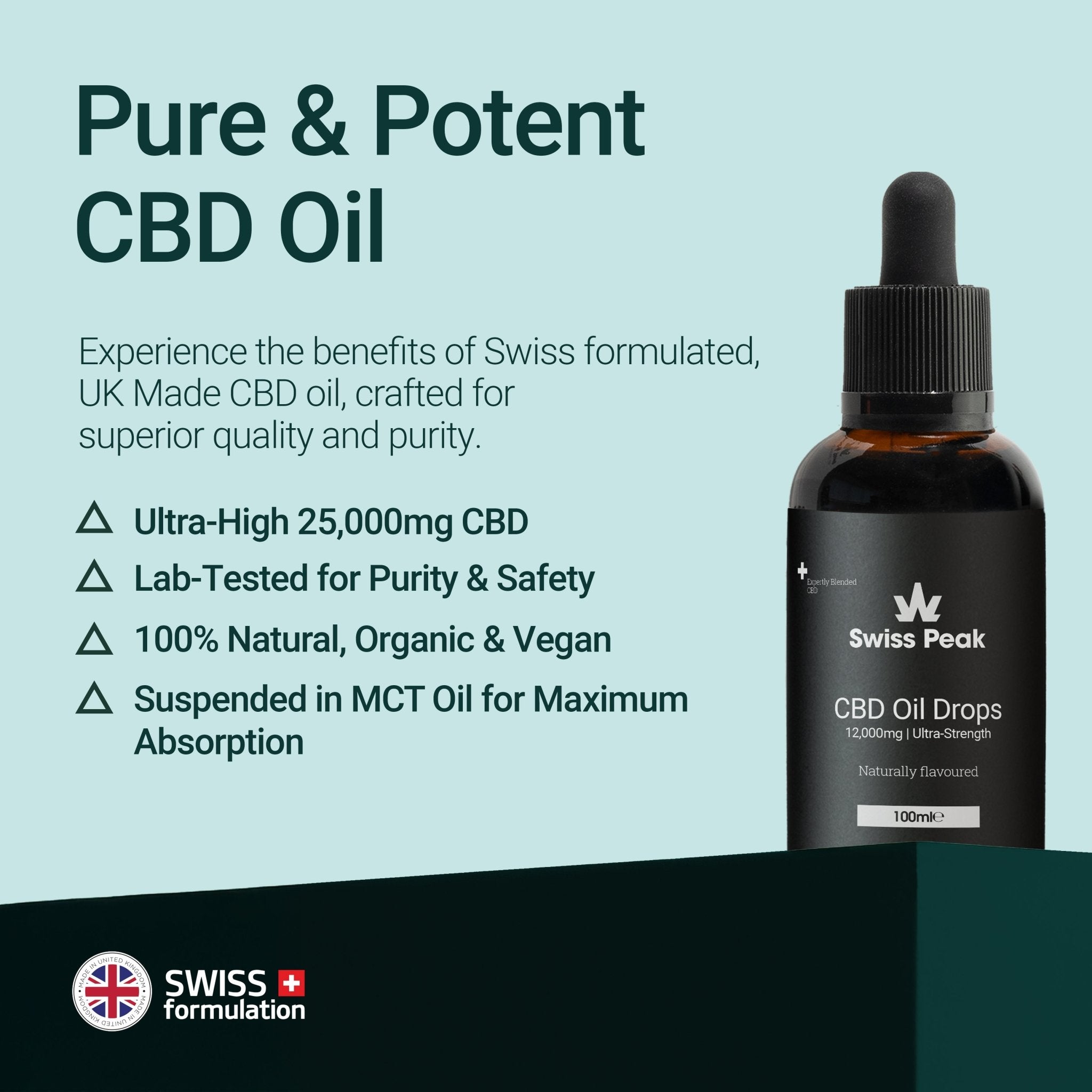 Pure and PotentHigh Strength 12000mg 100ml CBD Oil Close up shot of bottle