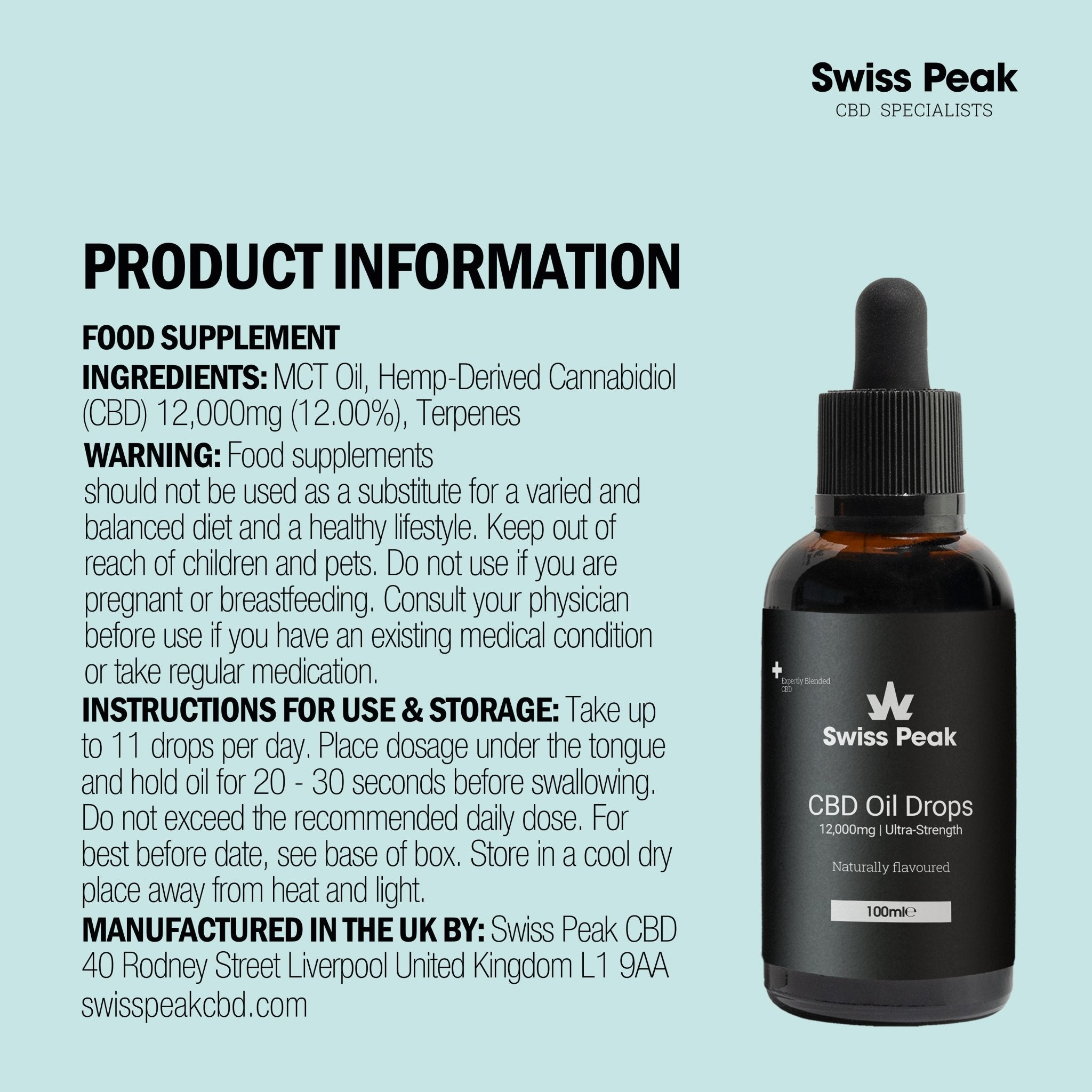 Ingredients and use guide for High Strength 12000mg 100ml CBD Oil | Swiss Peak