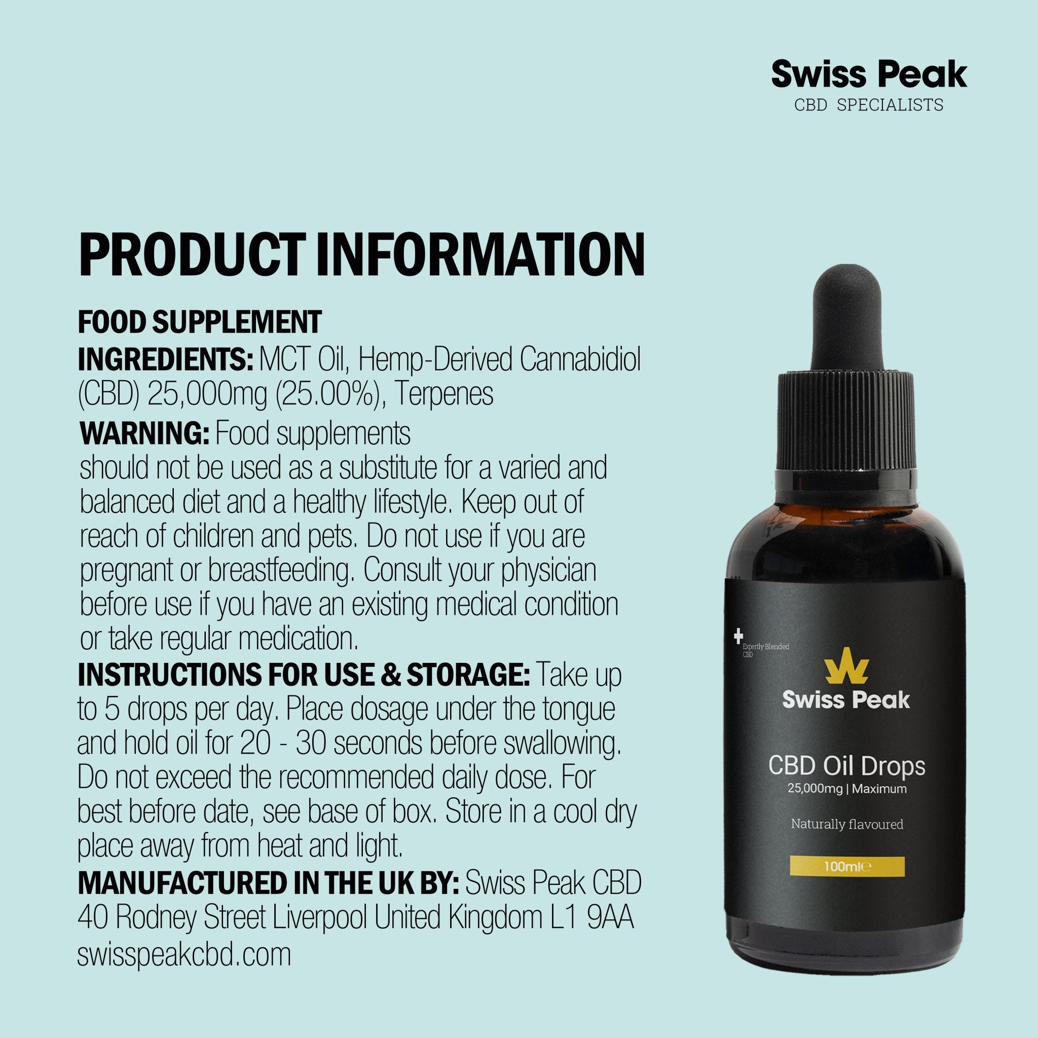 Ingredient list & Instructions for High Strength 25000mg 100ml CBD Oil | Swiss Peak