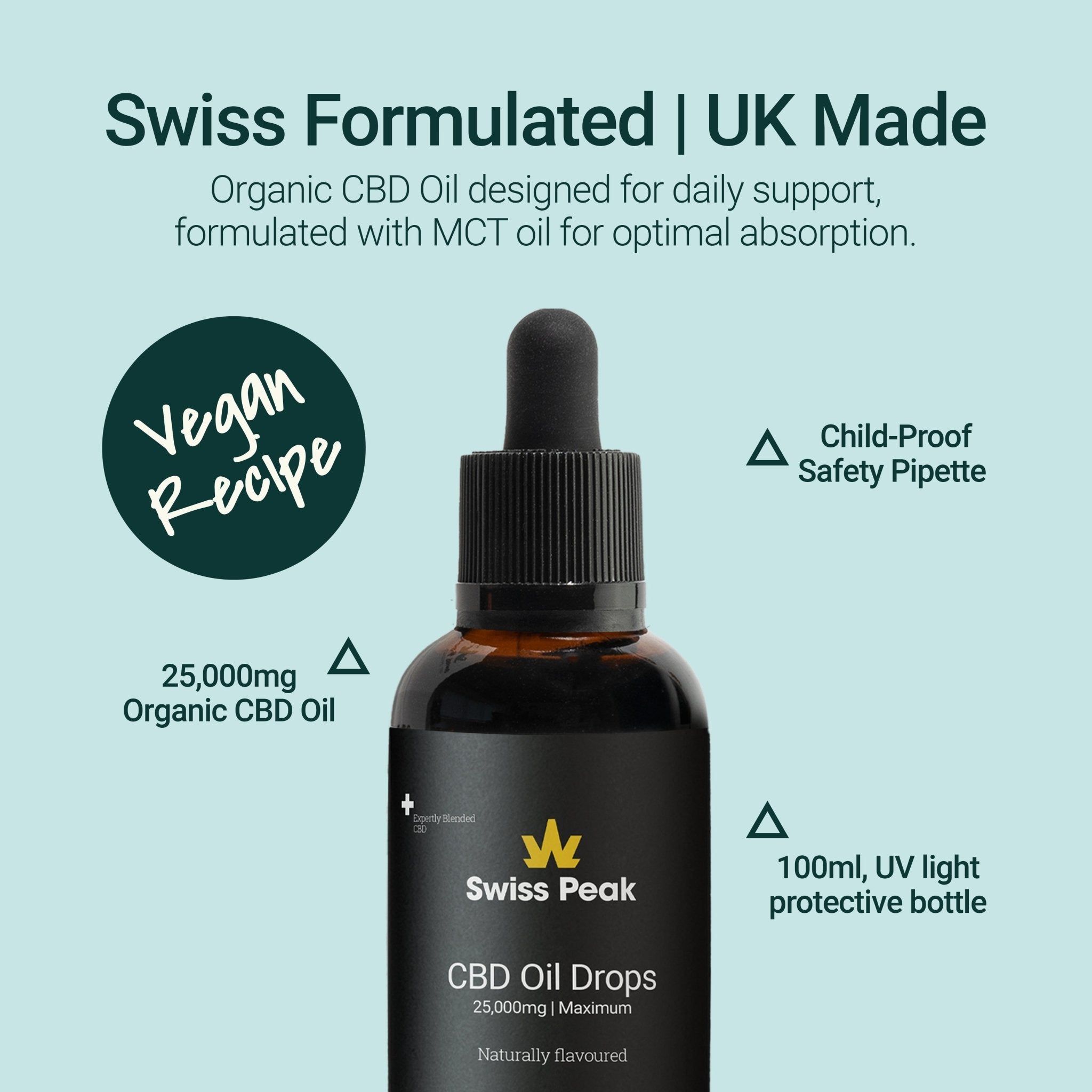 Close up of High Strength 25000mg 100ml CBD Oil | Swiss Peak | Vegan
