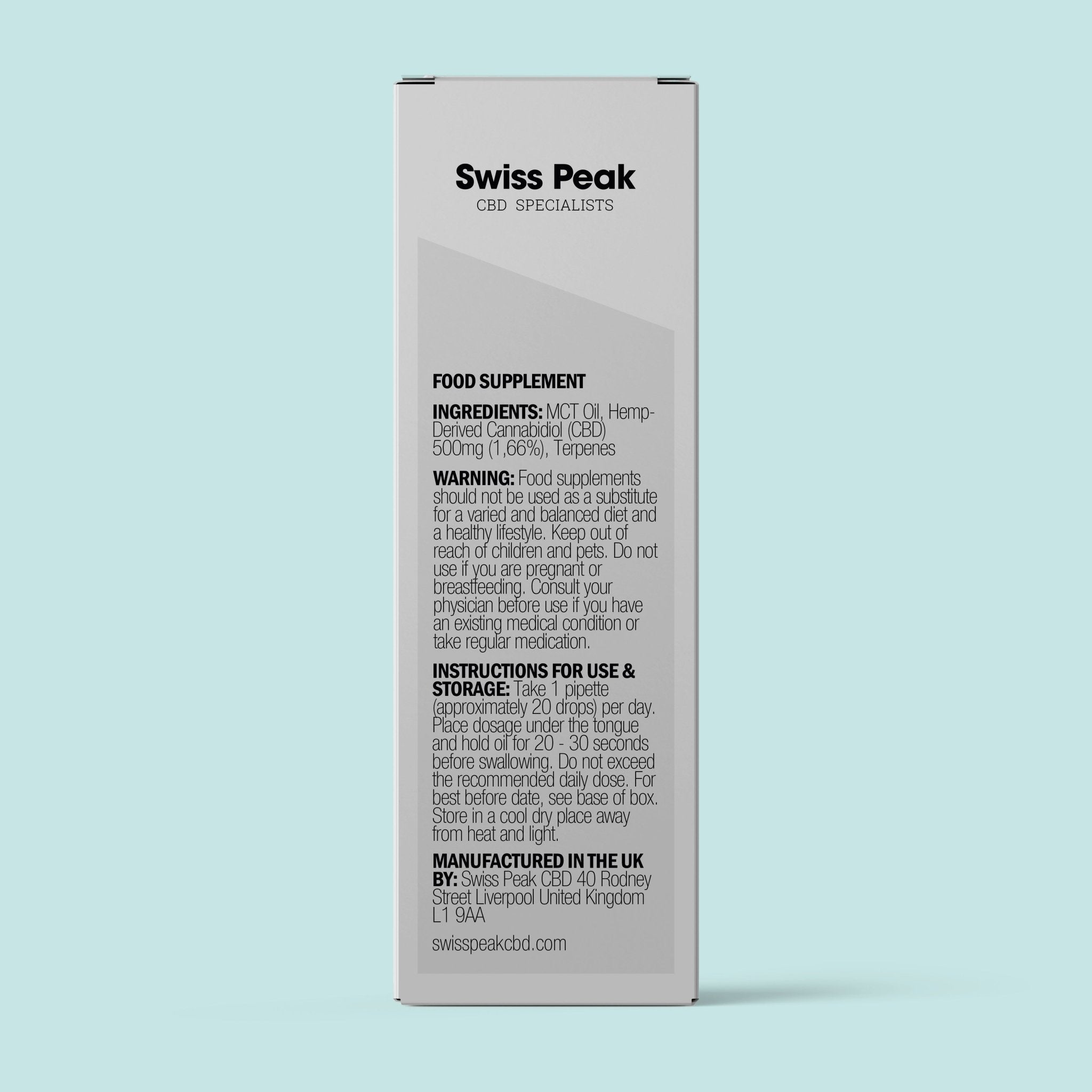 Back of box displaying ingredients and usage guide for CBD Oil 500mg | 30ml Low - Strength - Swiss Peak