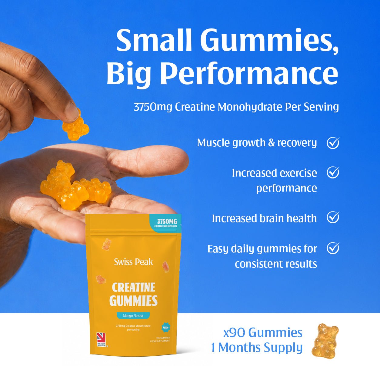 Creatine Gummies 3750mg Creatine Monohydrate Mango Flavour 90 Vegan Gummies - Swiss Peak