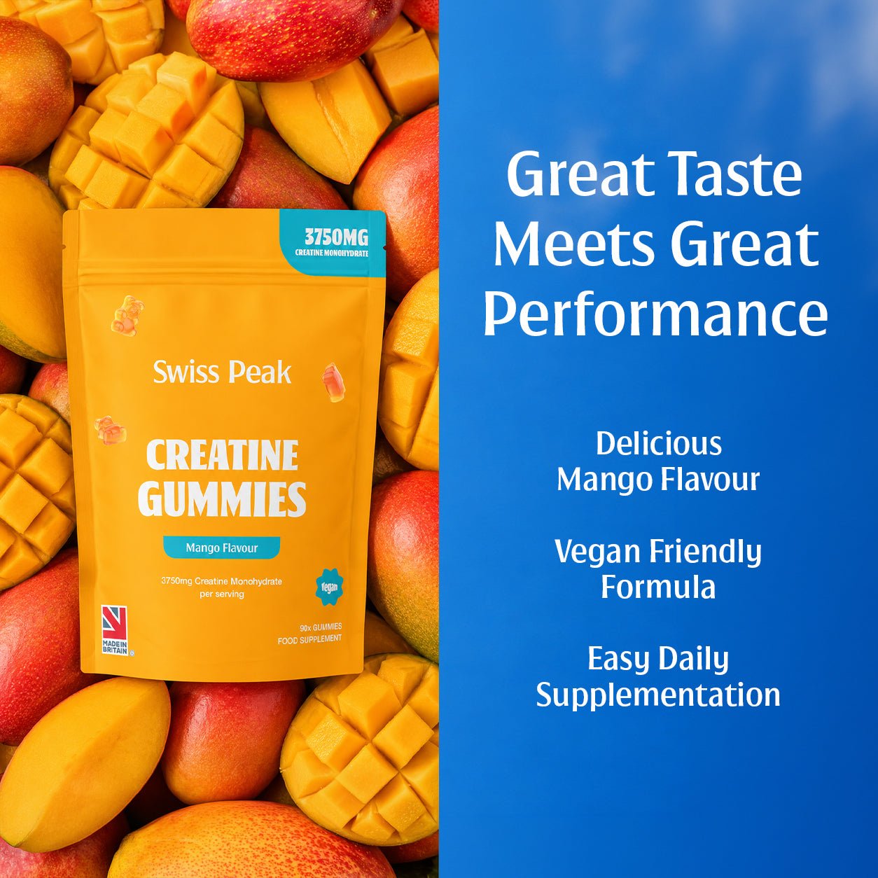 Creatine Gummies 3750mg Creatine Monohydrate Mango Flavour 90 Vegan Gummies - Swiss Peak