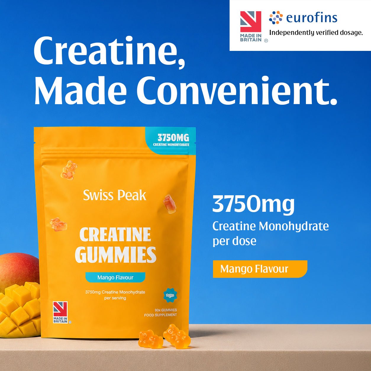 Creatine Gummies 3750mg Creatine Monohydrate Mango Flavour 90 Vegan Gummies - Swiss Peak