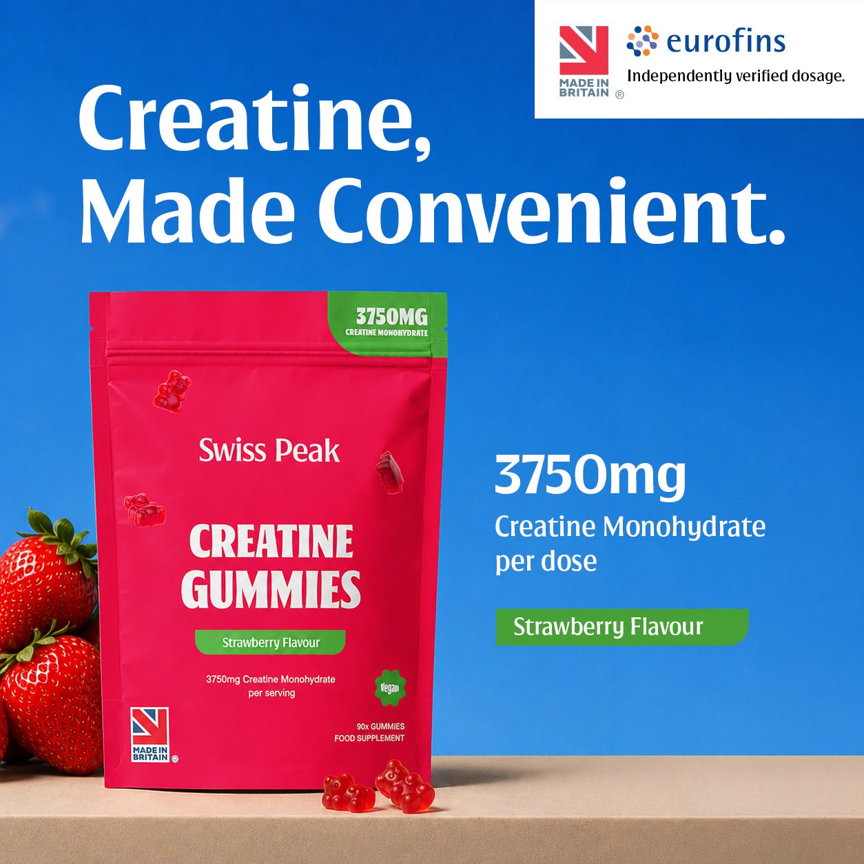 Creatine Gummies 3750mg Creatine Monohydrate Strawberry Flavour 90 Vegan Gummies - Swiss Peak