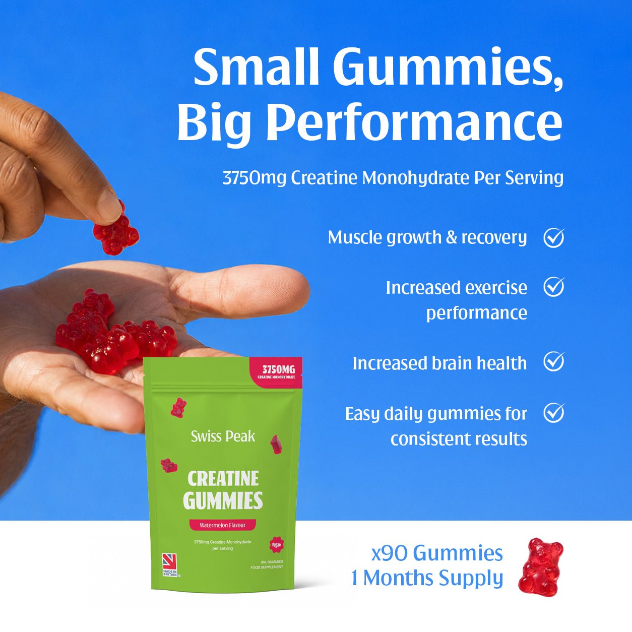 Creatine Gummies 3750mg Creatine Monohydrate Watermelon Flavour 90 Vegan Gummies - Swiss Peak