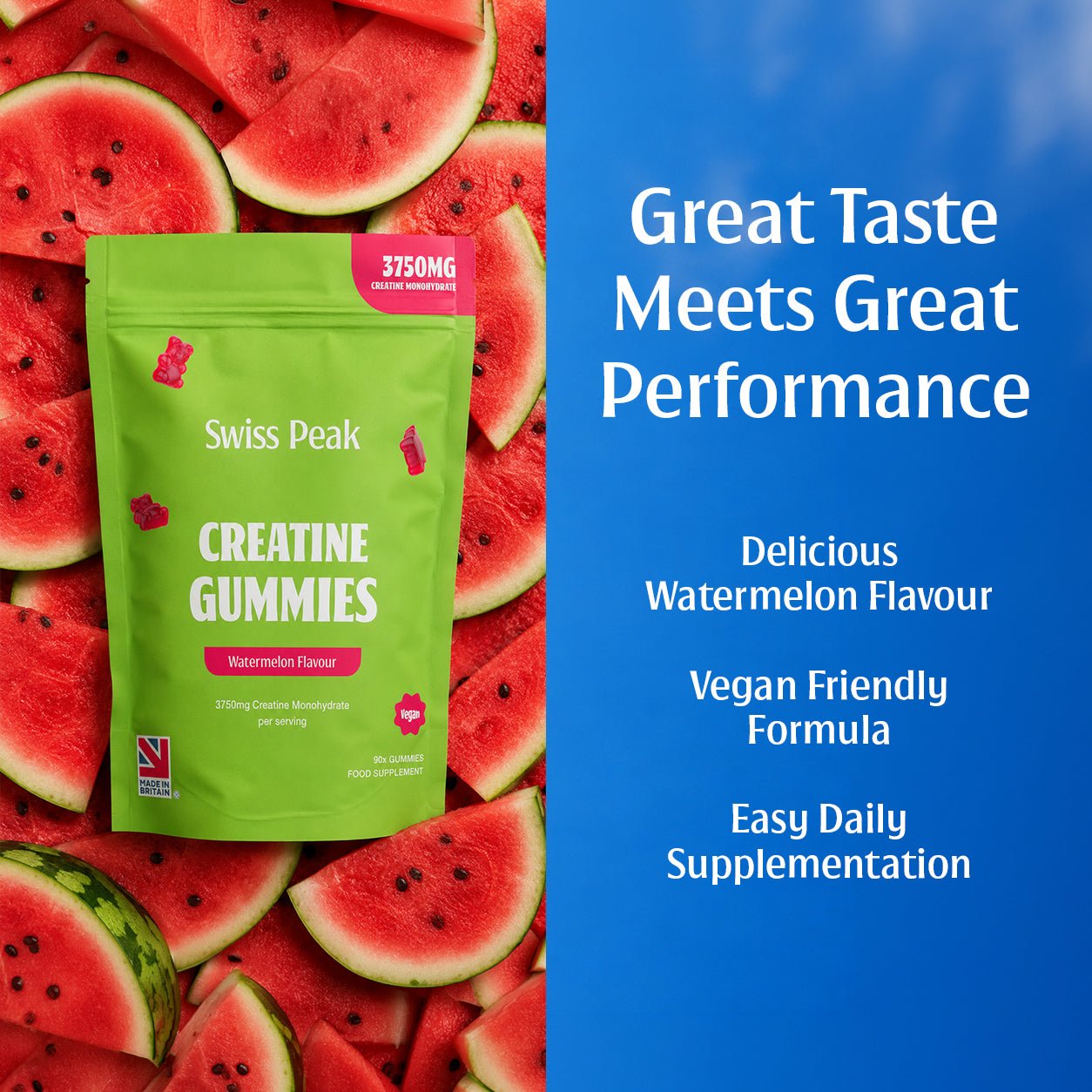 Creatine Gummies 3750mg Creatine Monohydrate Watermelon Flavour 90 Vegan Gummies - Swiss Peak