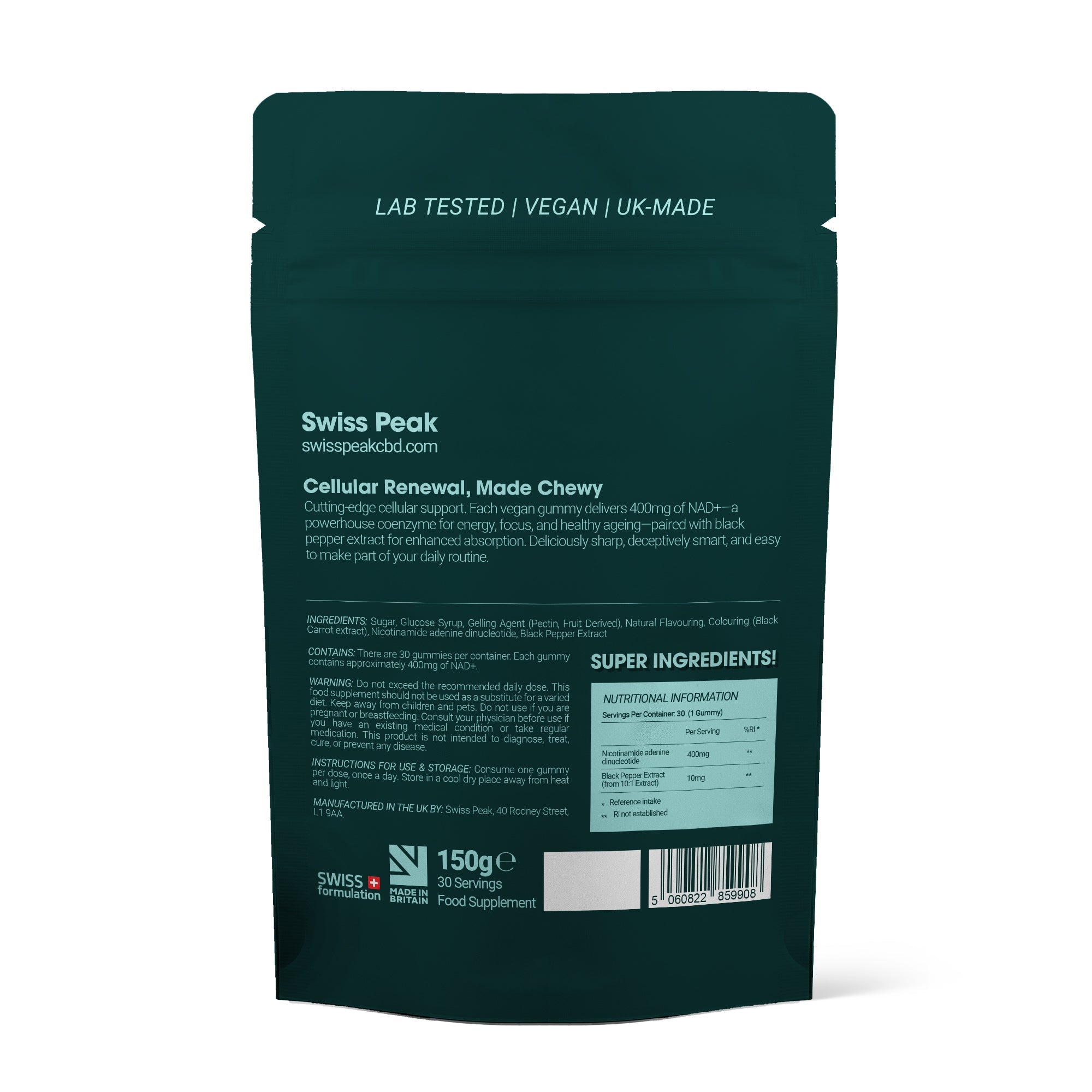 Back of pack of NMN NAD+ Gummies | 30 Pack - Swiss Peak