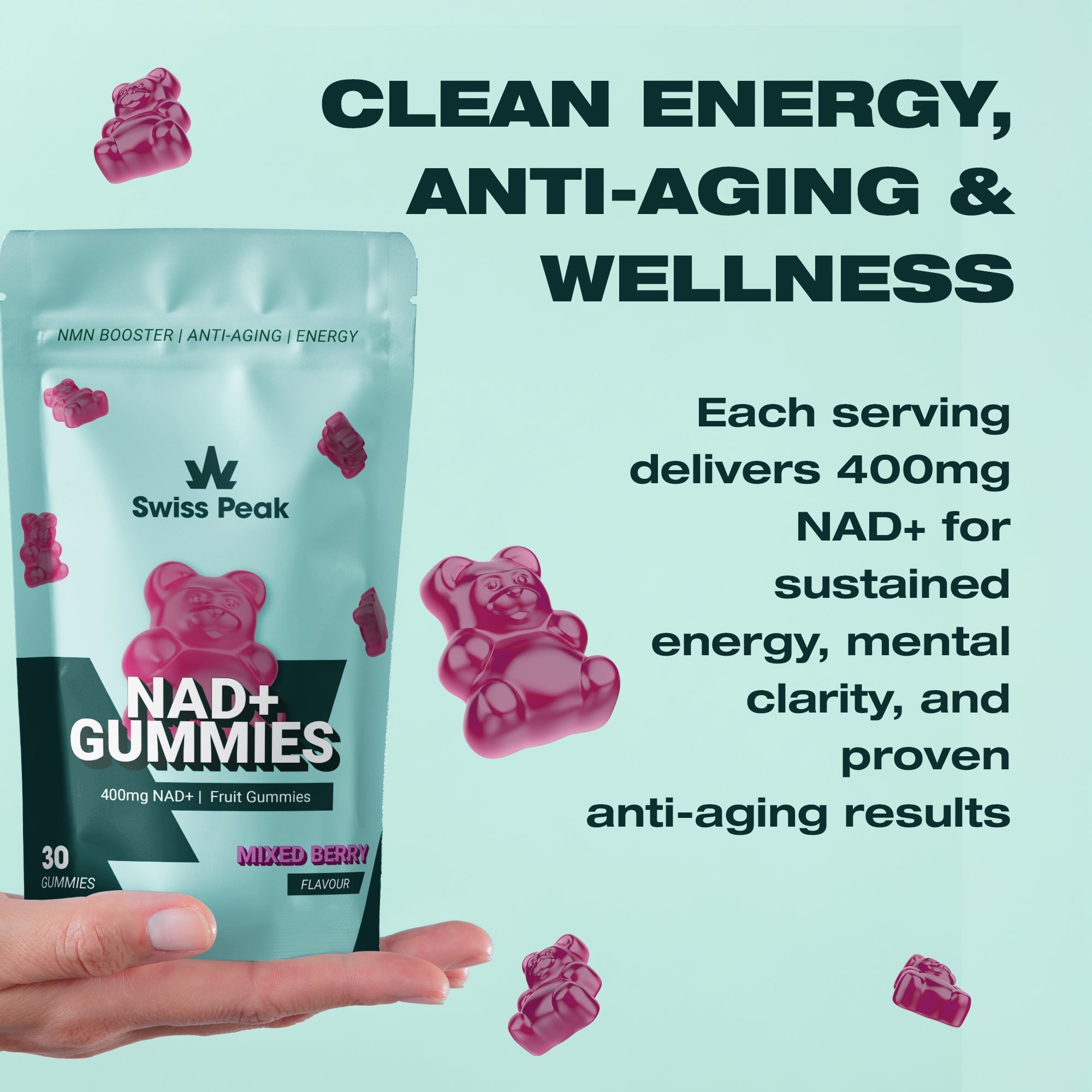 Hand Holding NMN NAD+ Gummies | 30 Pack - Swiss Peak