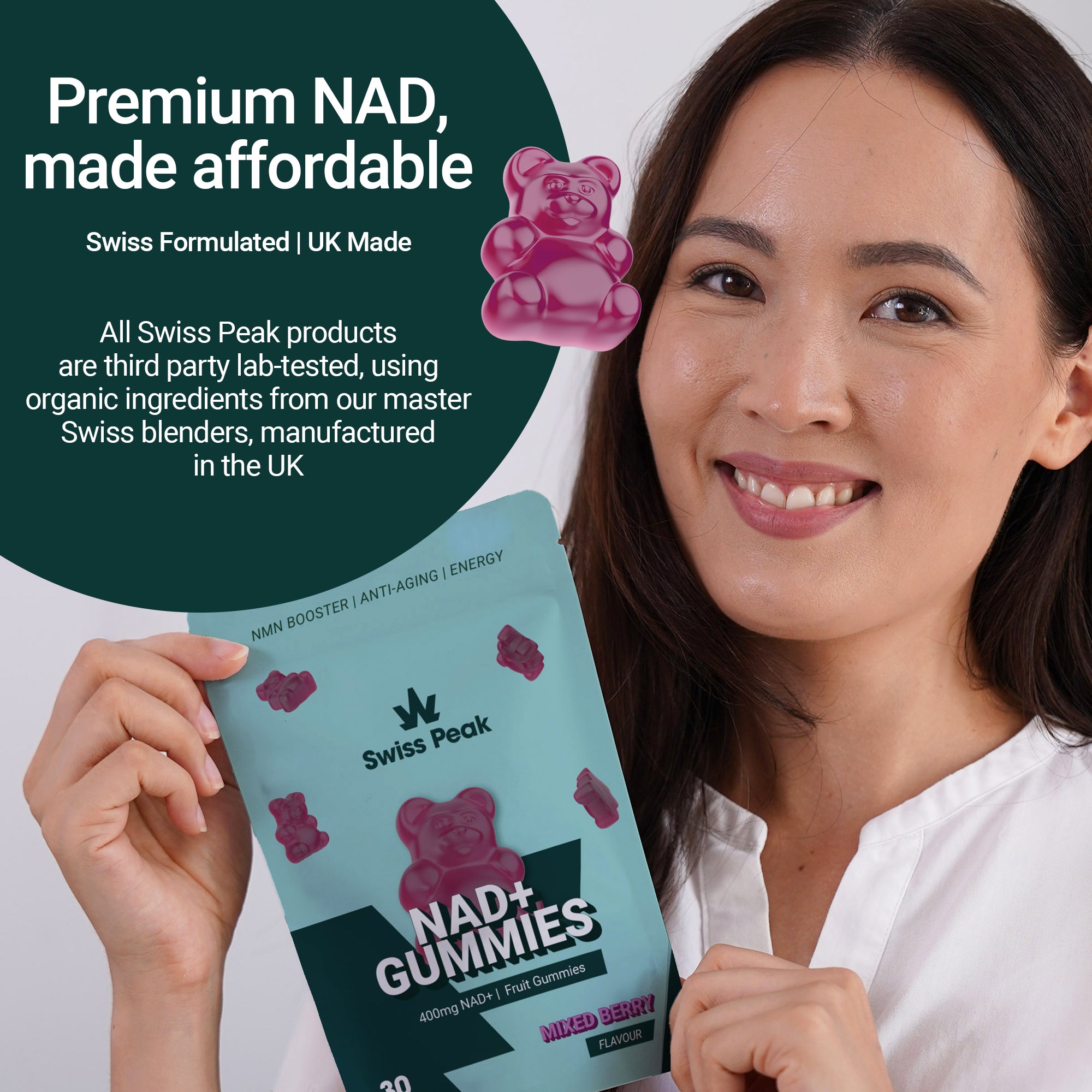 Woman Smiling, Holding NMN NAD+ Gummies | 30 Pack - Swiss Peak Mixed Berry Flavour