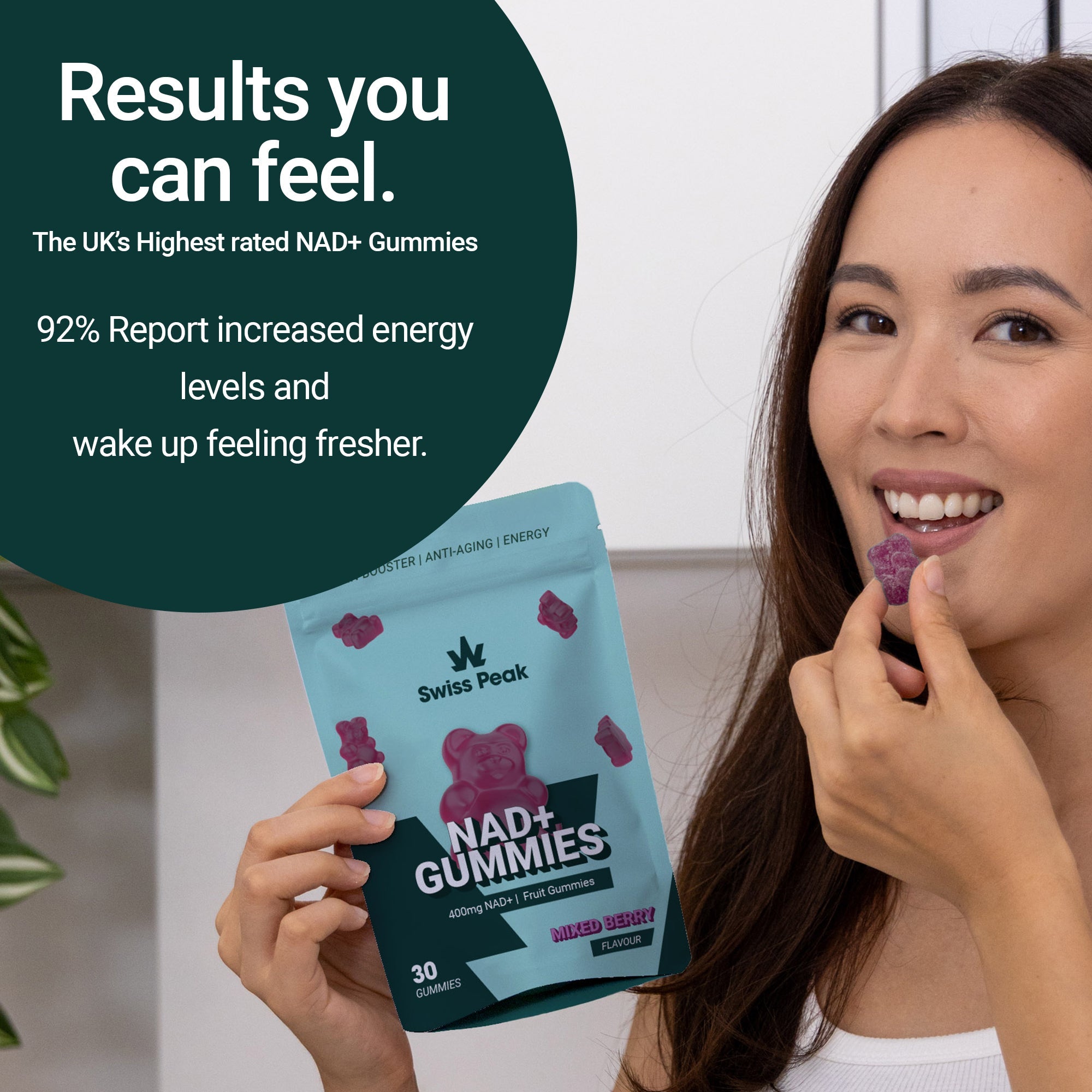 Woman eating NMN NAD+ Gummies | 30 Pack - Swiss Peak