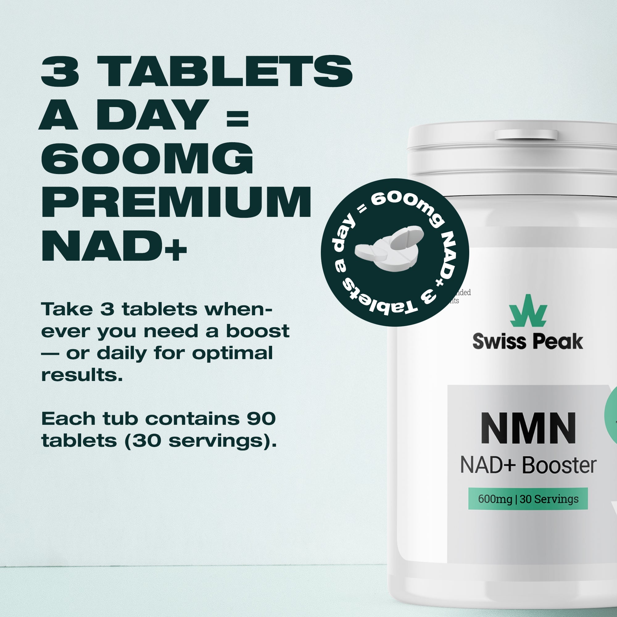 Dosage instructions with bottle of NAD+ Supplement (600mg per Serving) Cellular Repair & Energy Metabolism - Swiss Peak