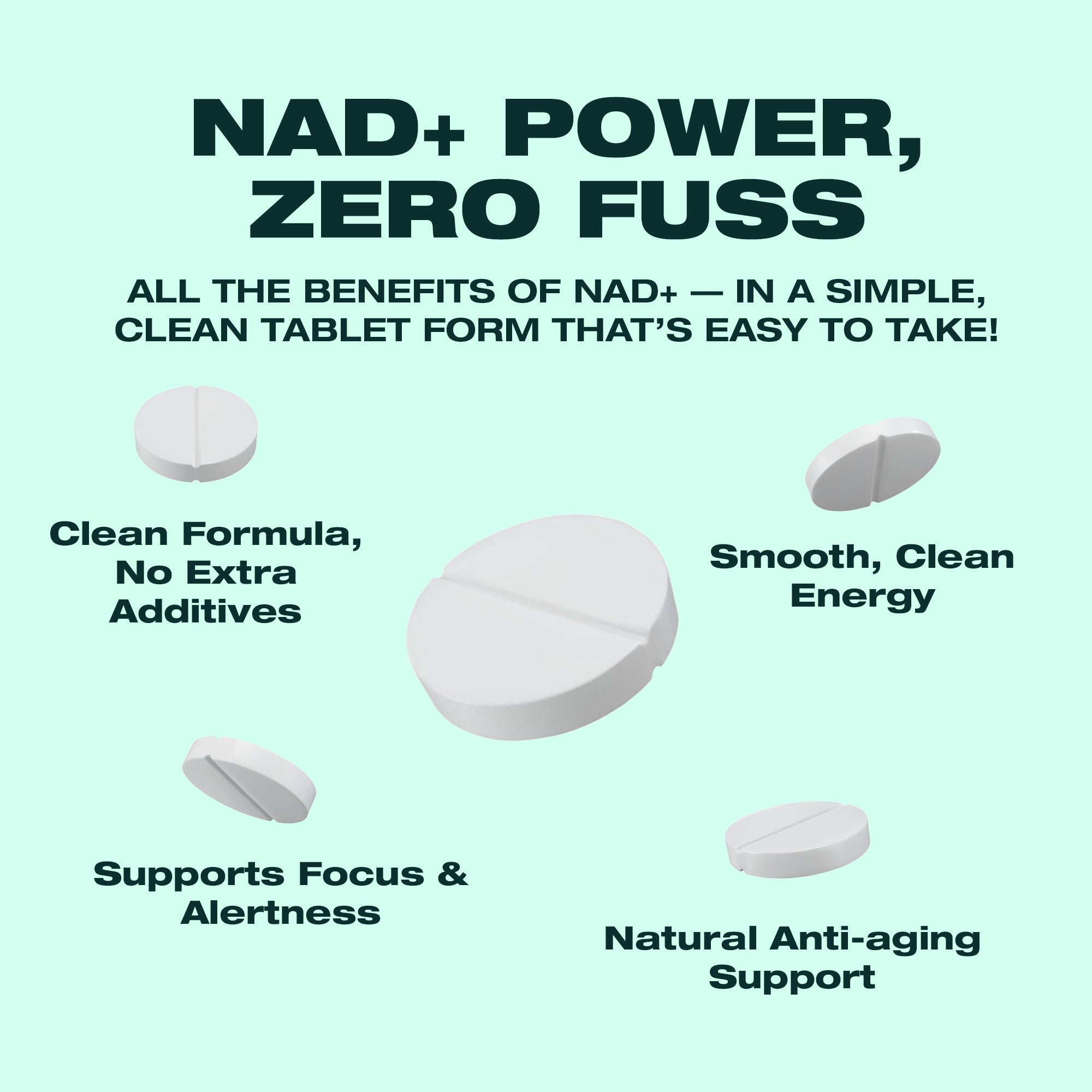 Close up of isolated tablets of NAD+ Supplement (600mg per Serving) Cellular Repair & Energy Metabolism - Swiss Peak