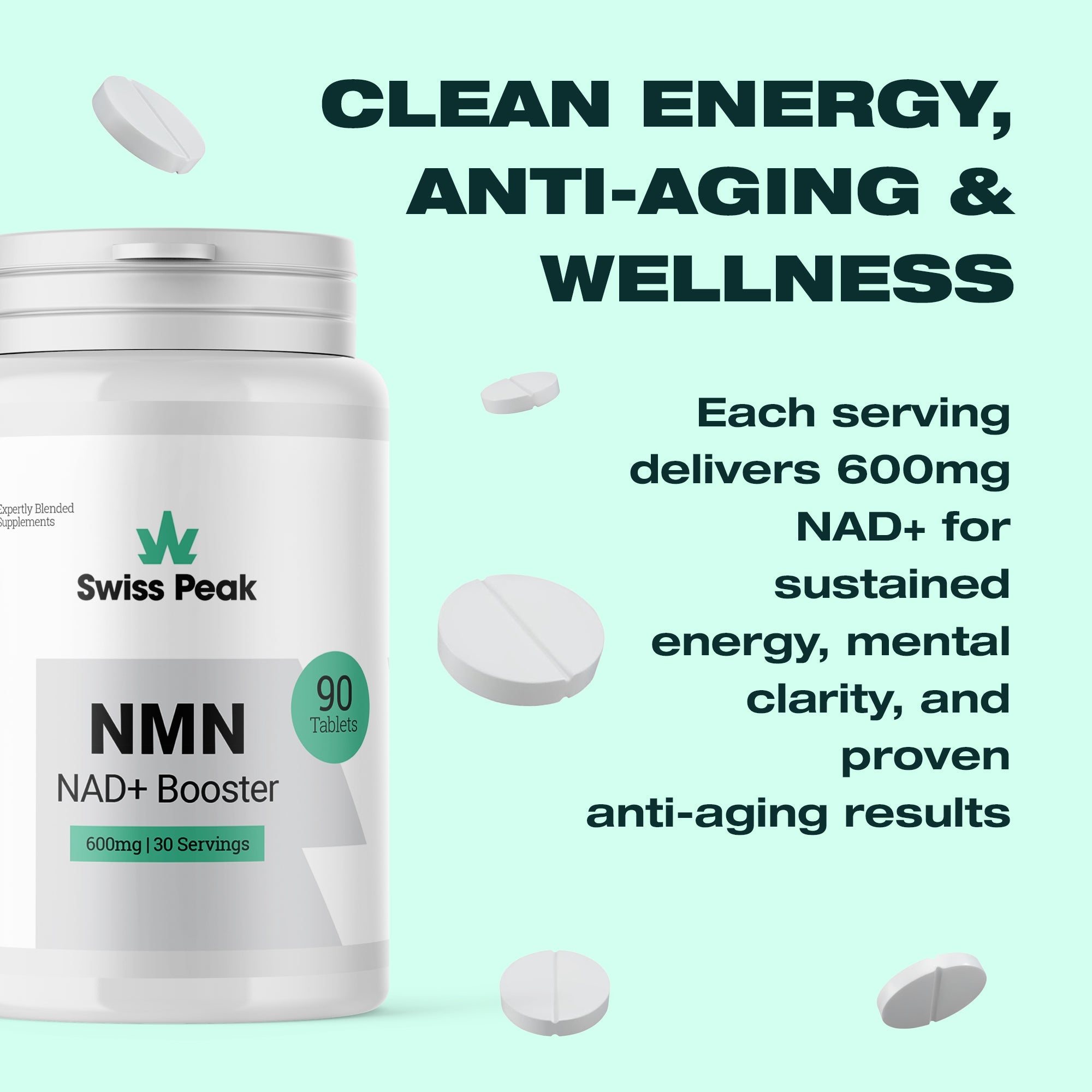 Close up of NAD+ Supplement (600mg per Serving) Cellular Repair & Energy Metabolism - Swiss Peak