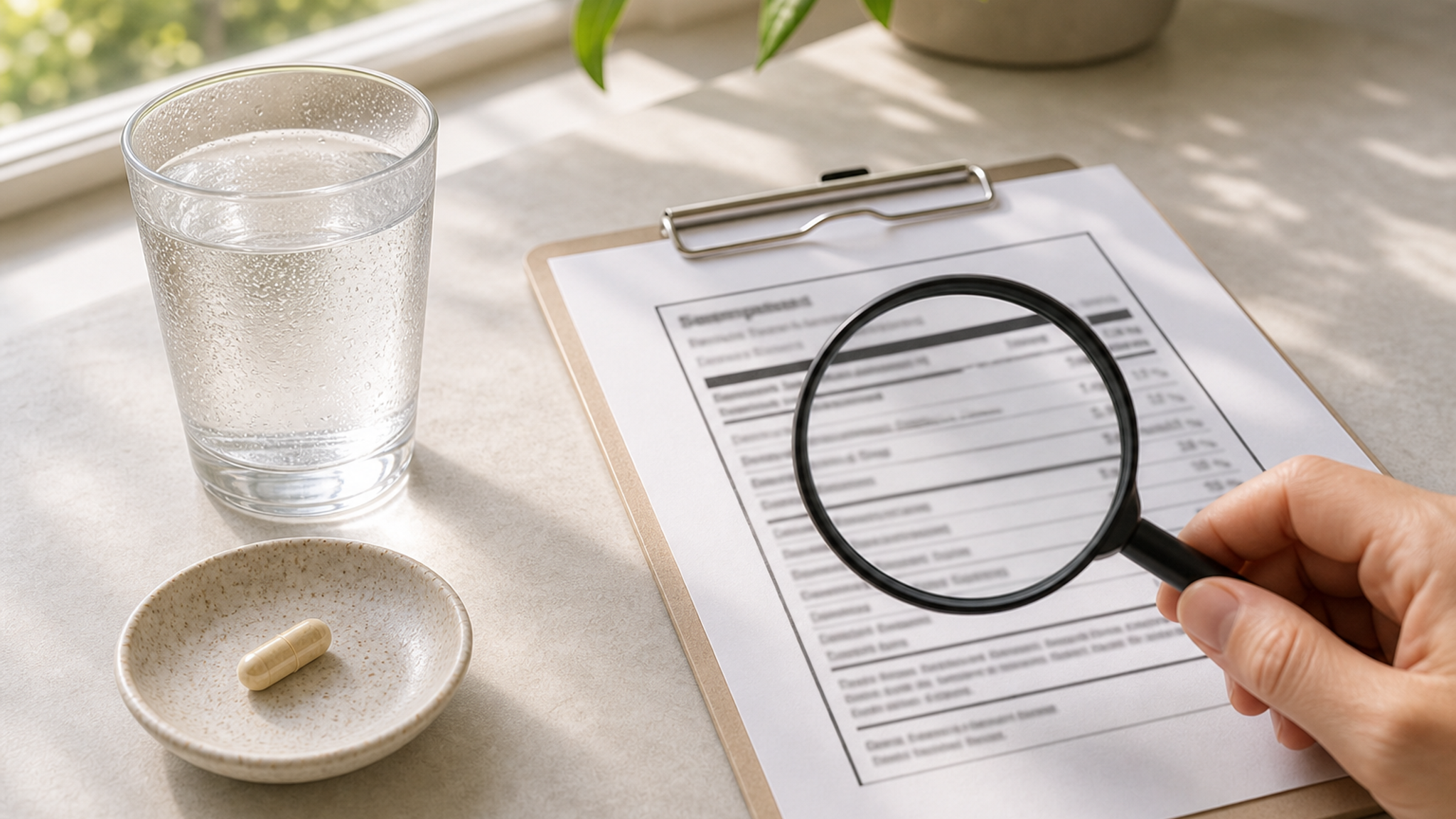Close-up of a UK supplement label highlighting berberine strength, extract ratio and serving size beside a capsule blister and a simple notepad for comparisons.
