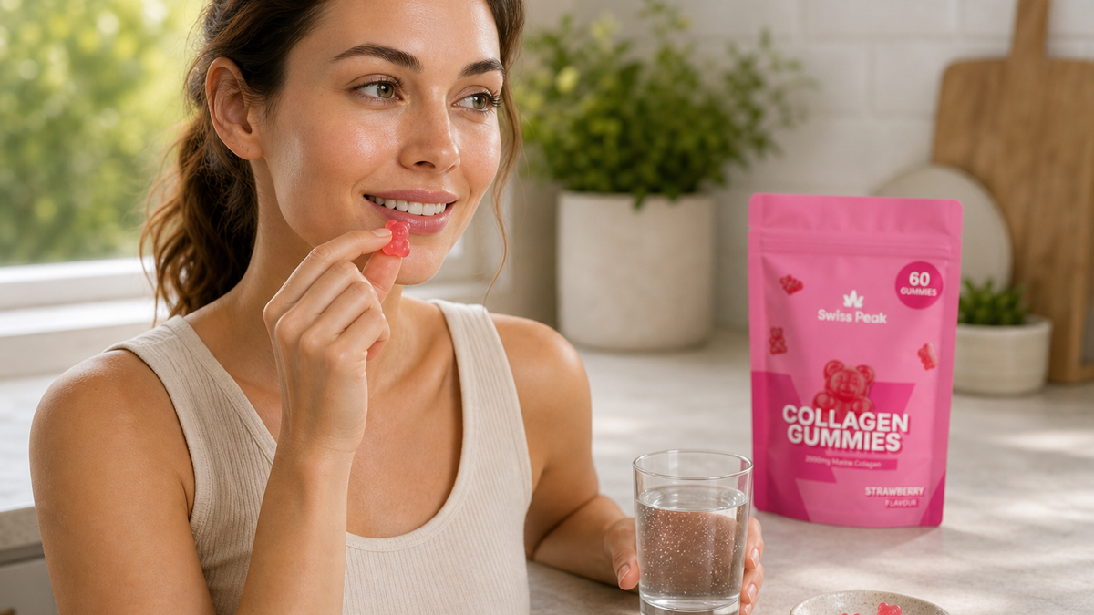 Close-up of a hand pouring marine collagen tablets next to a bowl of strawberry collagen gummies on a clean bathroom shelf.