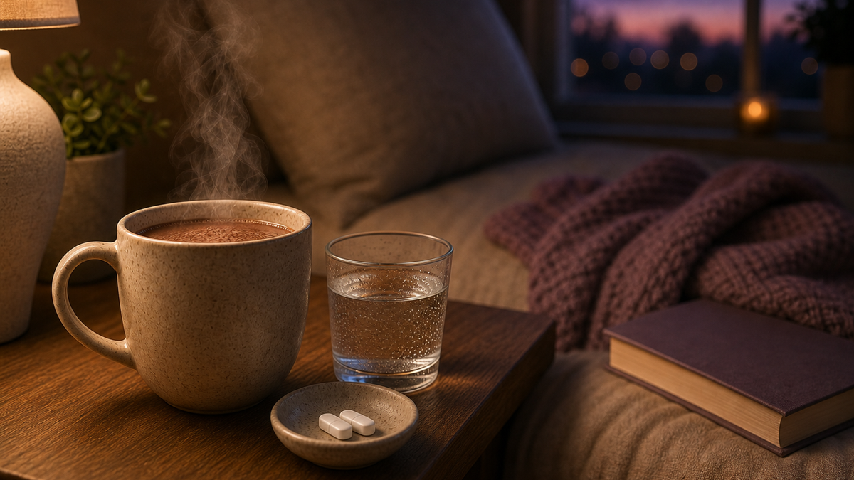 A cosy bedside scene with a steaming cacao drink, a blister pack of tablets and a small lamp — a realistic UK night‑time supplement setup.