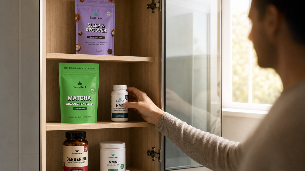 Morning coffee and evening cacao beside gummy and capsule pots showing the choice between caffeinated and caffeine‑free supplement formats.