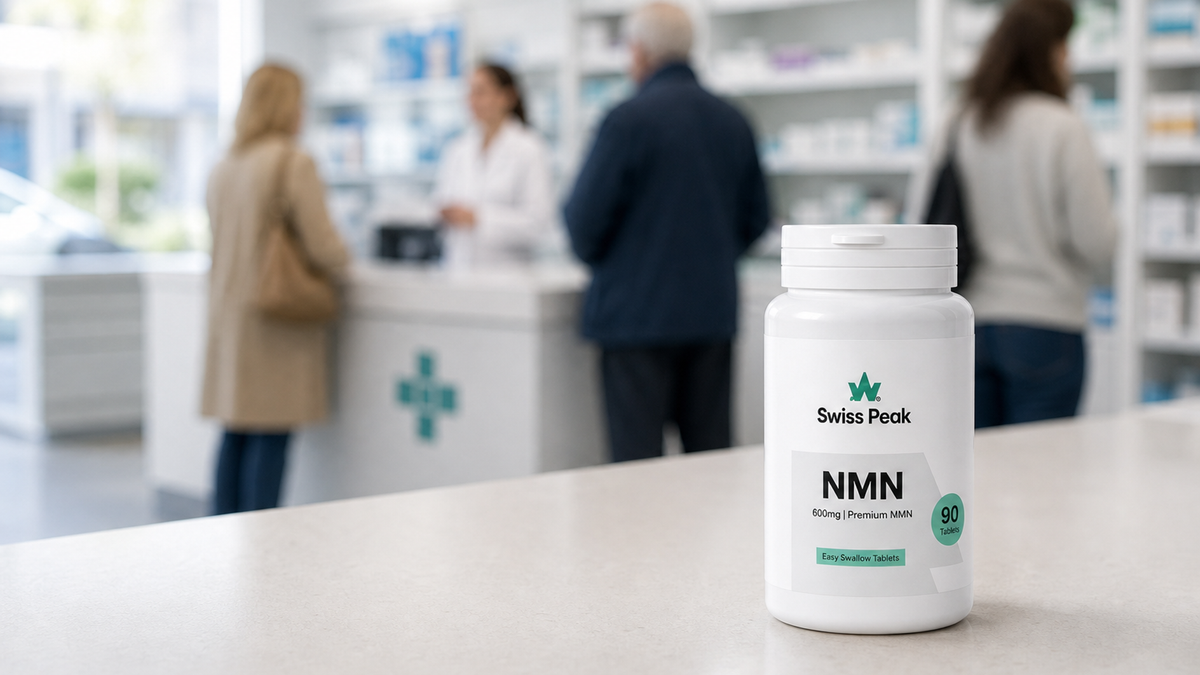A tidy UK bathroom counter with a glass of water and three Swiss Peak Health NMN and NAD+ products — gummies, tablets and capsules — ready for a simple daily routine.