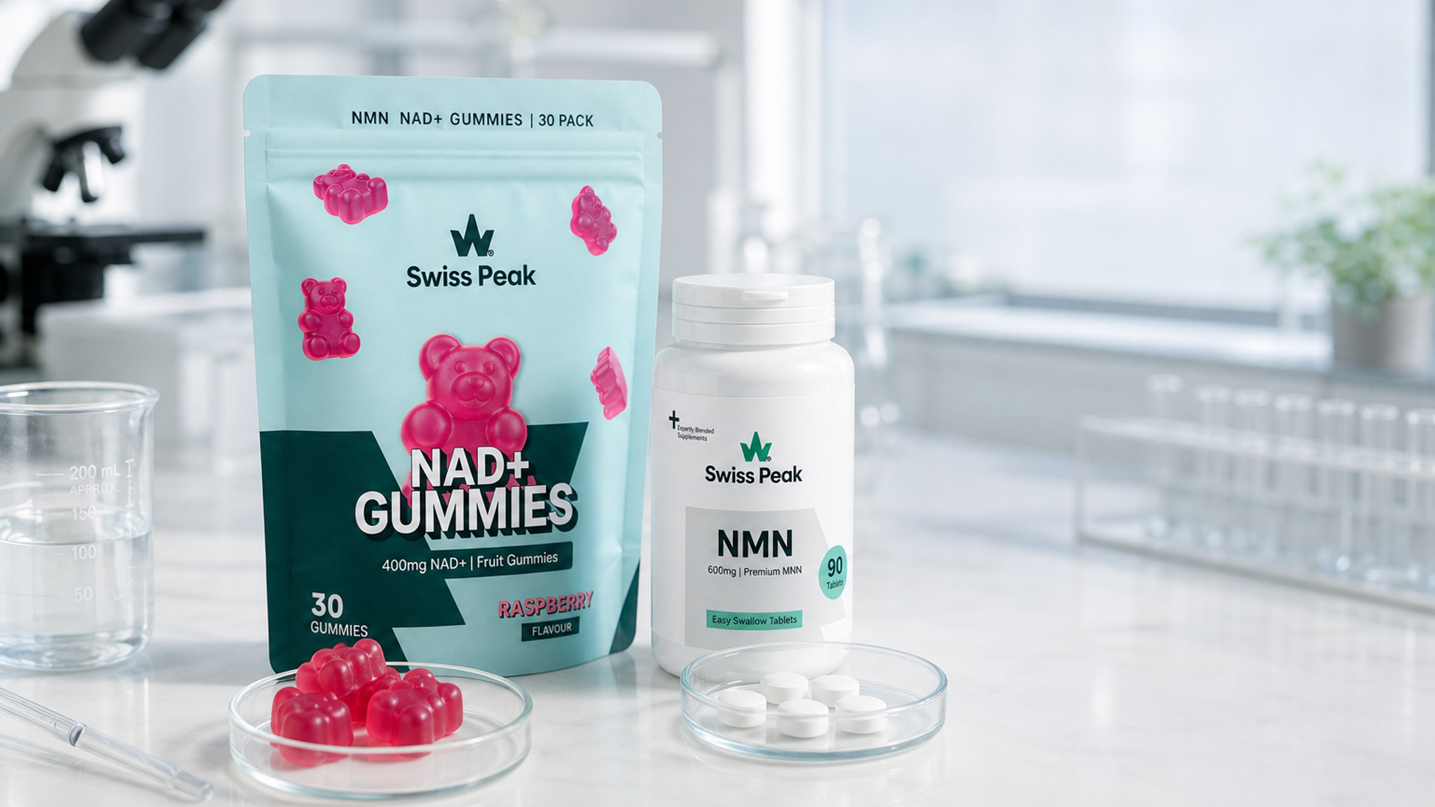 Close-up of a hand choosing between NMN tablets and NAD+ gummies on a table, with UK supplement labels visible.