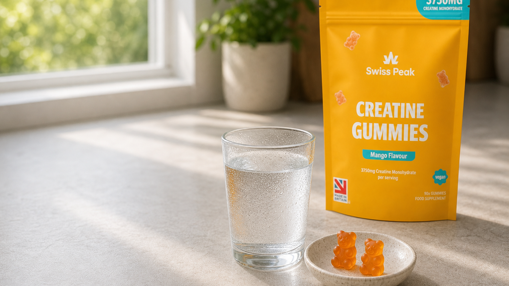 Close-up of a spoon of micronised creatine powder beside a few colourful creatine gummies, illustrating format choices for reducing bloating risk.