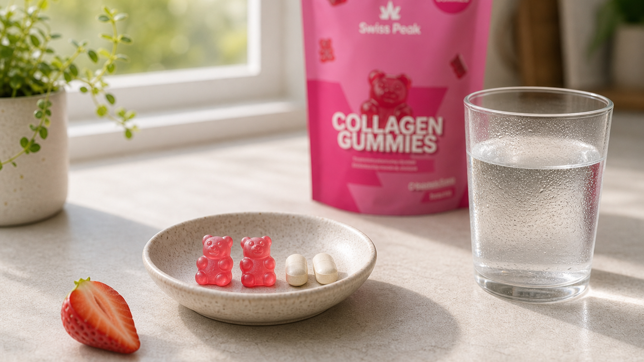 Strawberry collagen gummies next to marine collagen tablets on a white dish, with packaging subtly visible.