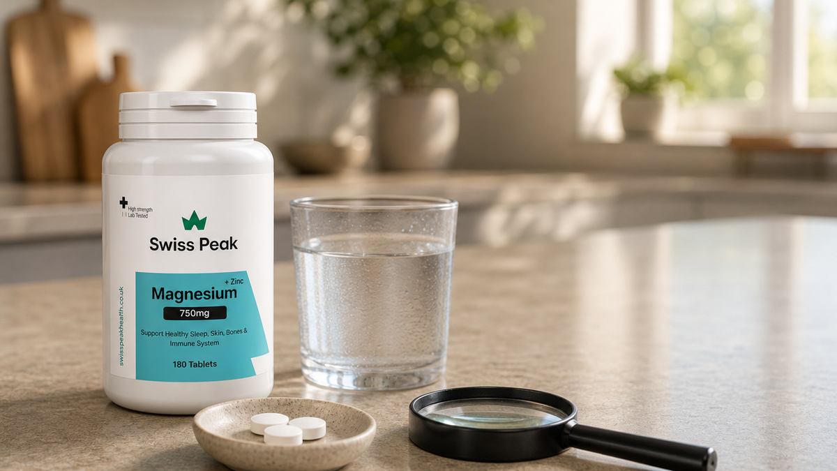 A UK-made magnesium supplement bottle with the nutrition facts panel in focus showing elemental magnesium per serving.