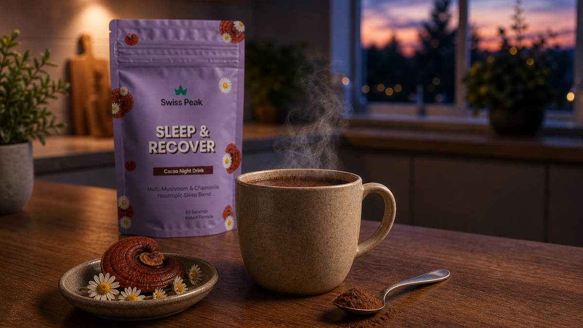 Steaming mug of cacao beside reishi, shiitake and maitake mushrooms on a bedside table, suggesting a calm UK evening routine.