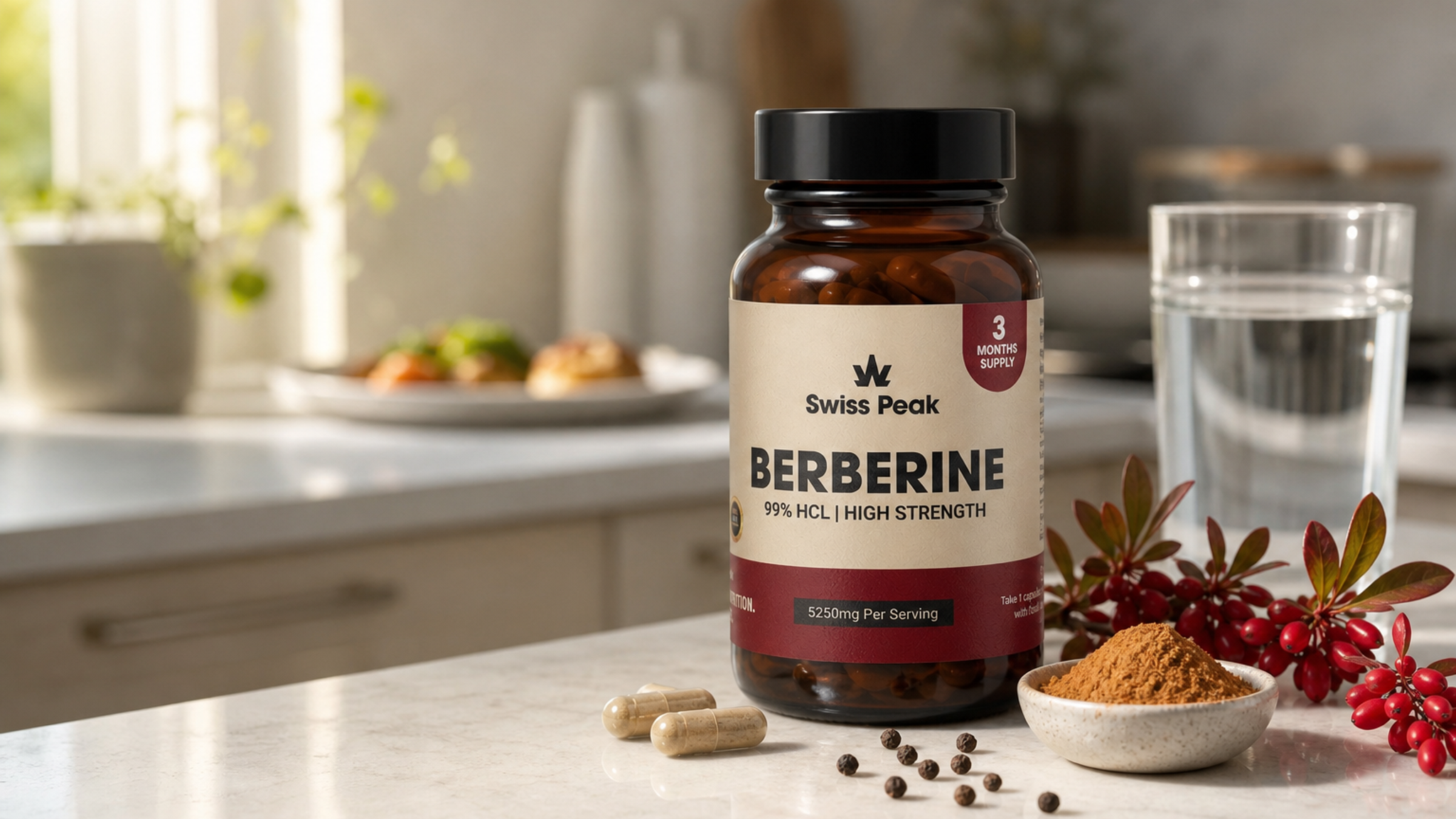 Berberine capsules placed beside Ceylon cinnamon sticks and black pepper, representing a typical high-strength UK-made berberine formula.