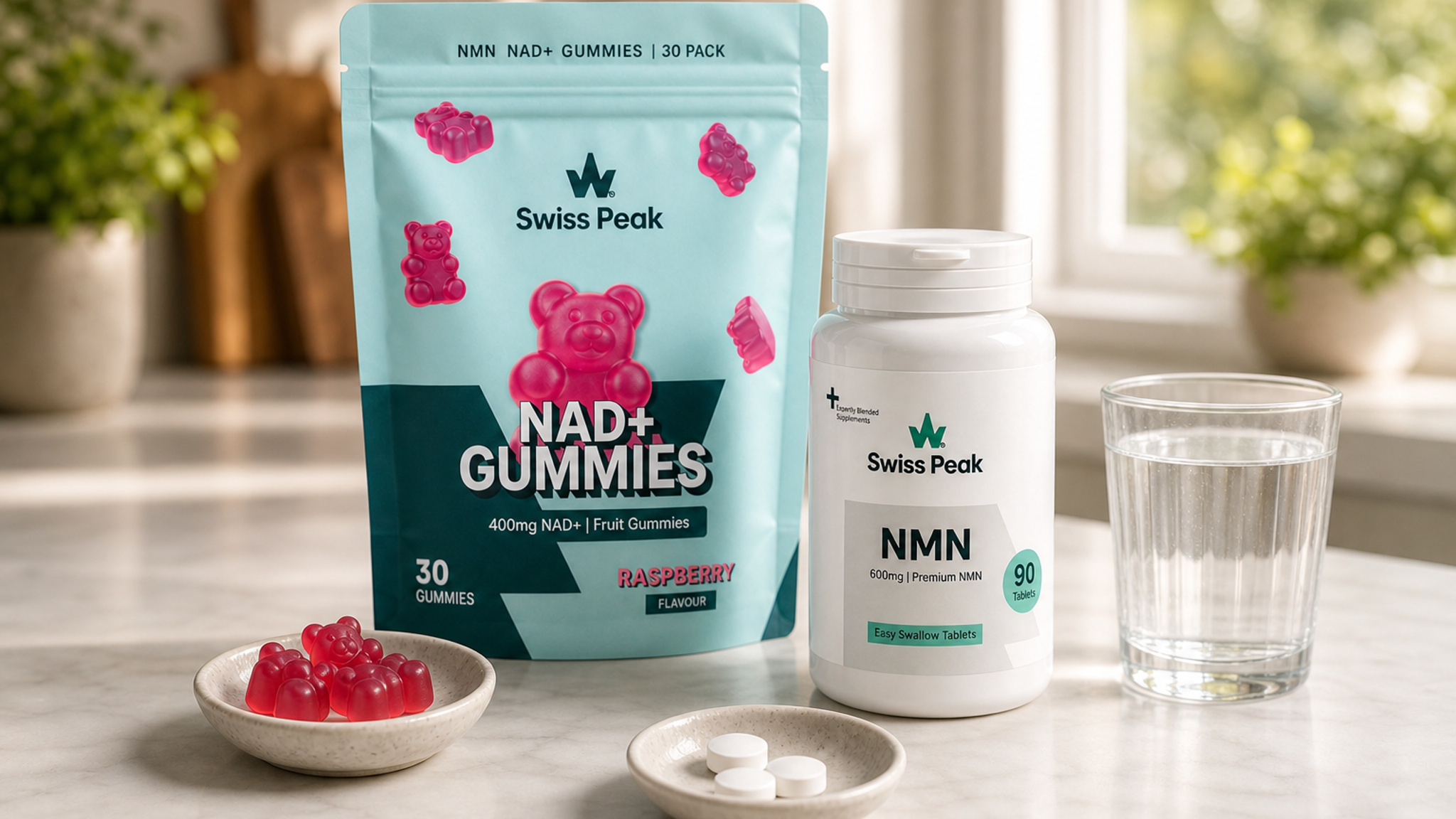 Close-up of UK-made NAD+ tablets, NR capsules and NAD+ gummies on a clean background with simple arrows showing the NAD+ pathway.
