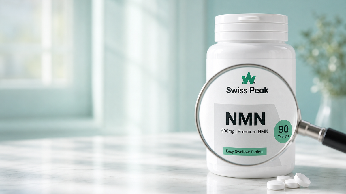 Close‑up of three supplement labels — NMN tablets, NAD+ gummies and an NR capsule — with highlighted fields for ingredient name, mg per serving, serving size and testing info.