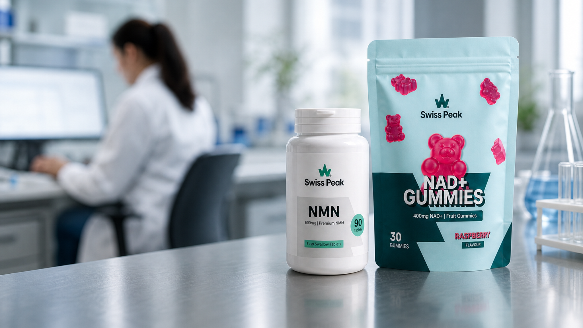 UK-made NMN tablets and NAD+ gummies with a simple evidence summary card on a well-lit worktop.