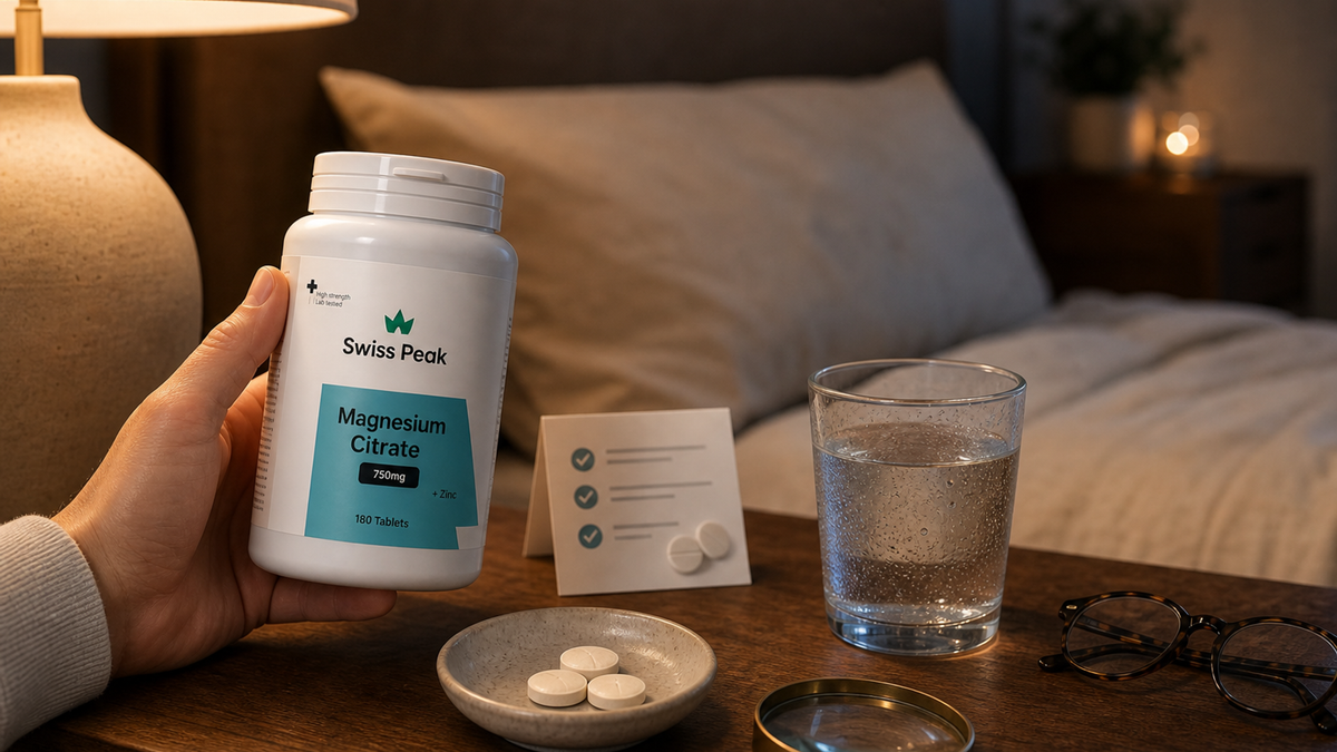 UK-made magnesium citrate tablets and a supplement facts panel highlighting elemental magnesium per serving