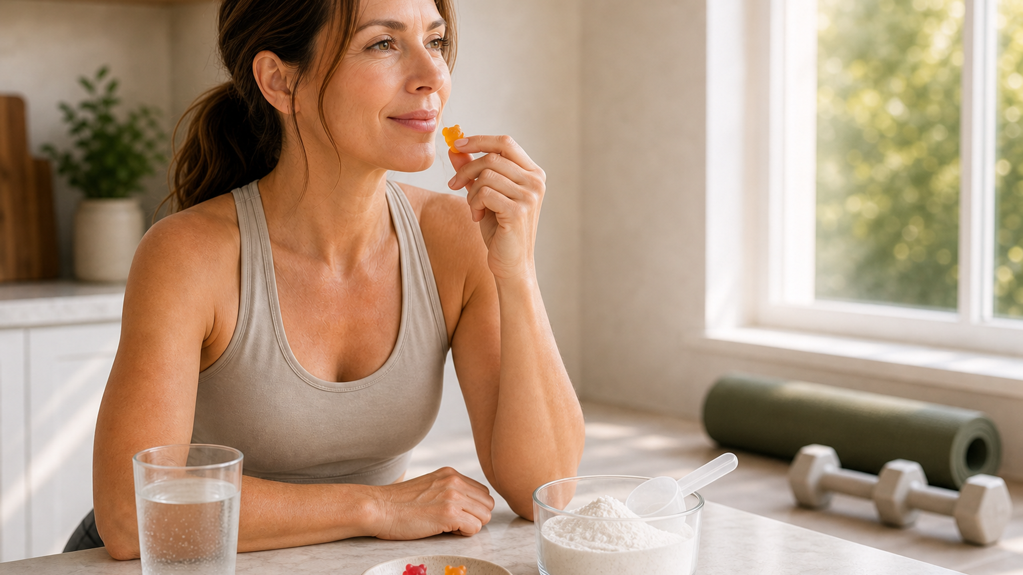 Woman in a UK gym filling a shaker next to a pouch of creatine powder and a small tub of fruit-flavoured creatine gummies, representing both formats.