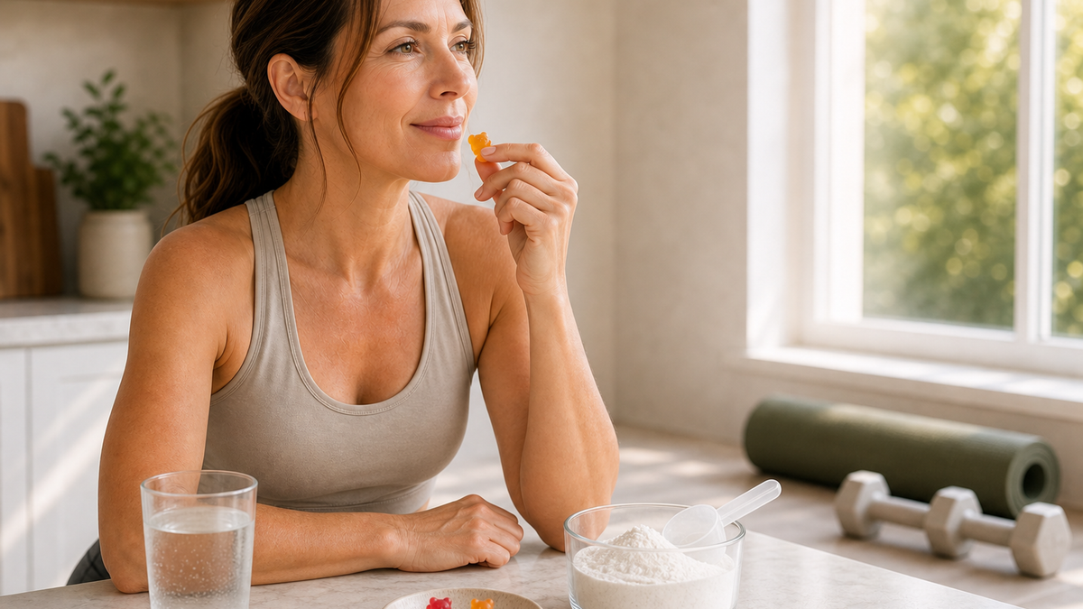 Woman in a UK gym filling a shaker next to a pouch of creatine powder and a small tub of fruit-flavoured creatine gummies, representing both formats.