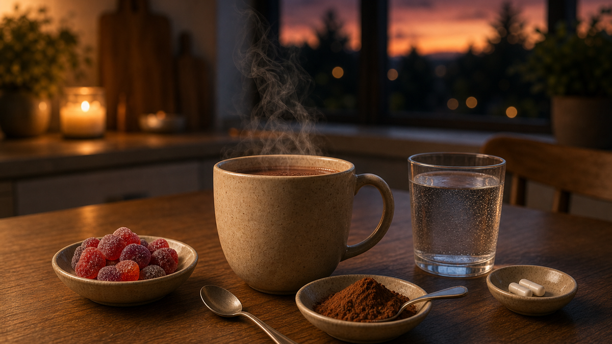 Warm mug of cacao next to two capsules and a couple of gummies on a bedside table, suggesting different evening supplement formats.