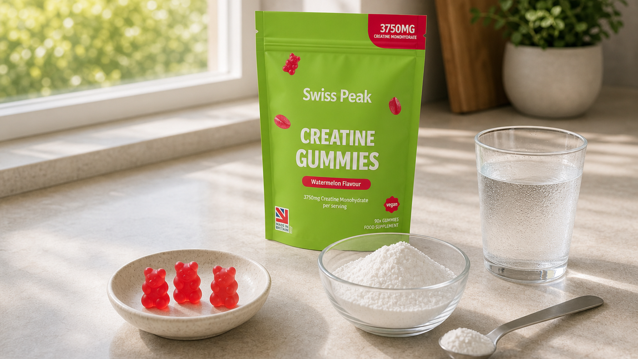 Creatine powder in a teaspoon beside three fruit-flavoured gummies on a light worktop, showing both formats side by side.