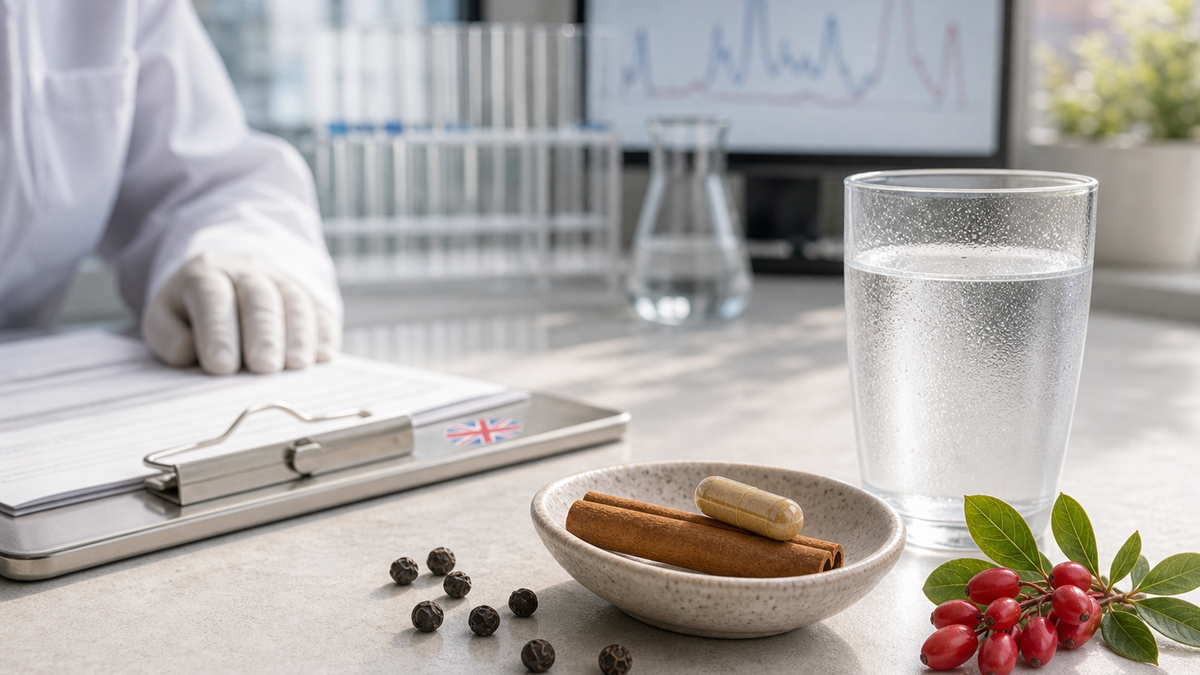 A UK-made berberine supplement bottle with a lab testing report and Made in Britain mark on a clean background.