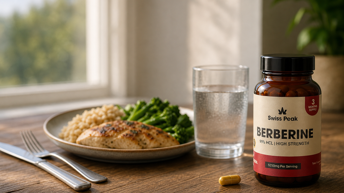 Once-daily berberine capsule placed beside a plate of food and a glass of water, indicating mealtime dosing.