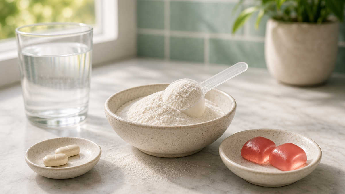 Hydrolysed collagen tablets and strawberry collagen gummies on a white background beside a supplement label and glass of water.