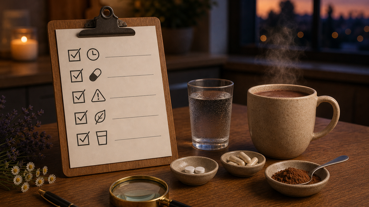 Calm evening scene with a mug of cacao, a supplement pouch and a ticked bedtime safety checklist on a bedside table.