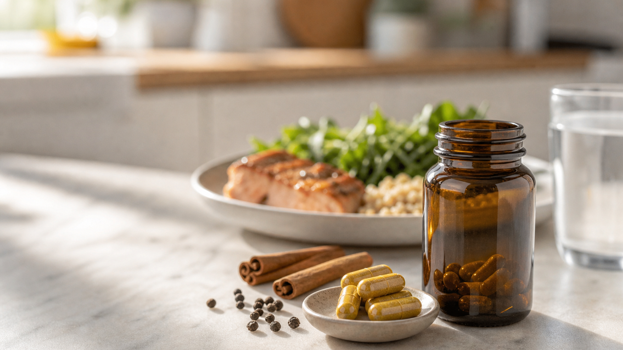 A balanced, editorial-style shot contrasting a GLP‑1 prescription box and a berberine supplement bottle with a caption card stating “not the same thing”.