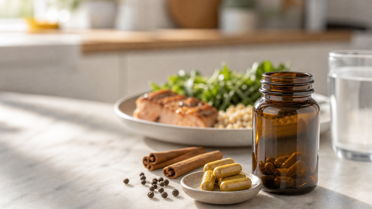 A balanced, editorial-style shot contrasting a GLP‑1 prescription box and a berberine supplement bottle with a caption card stating “not the same thing”.