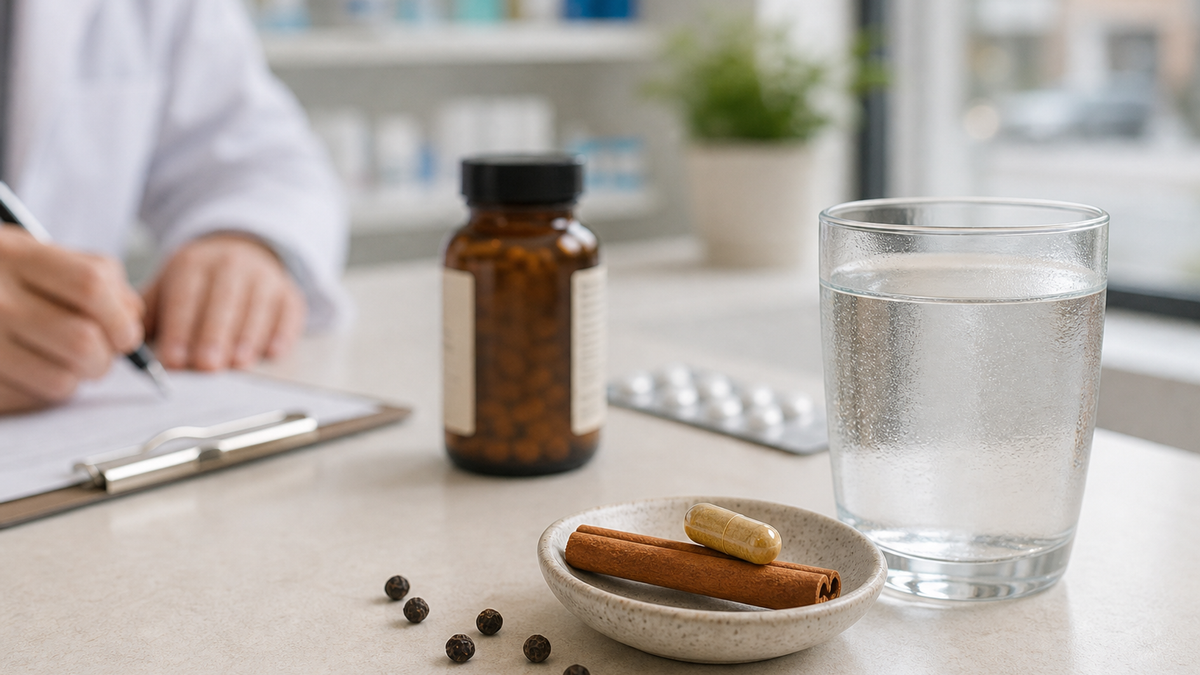 UK-made berberine capsules next to a GP-notebook checklist and a glass of water, illustrating safety checks before purchase.