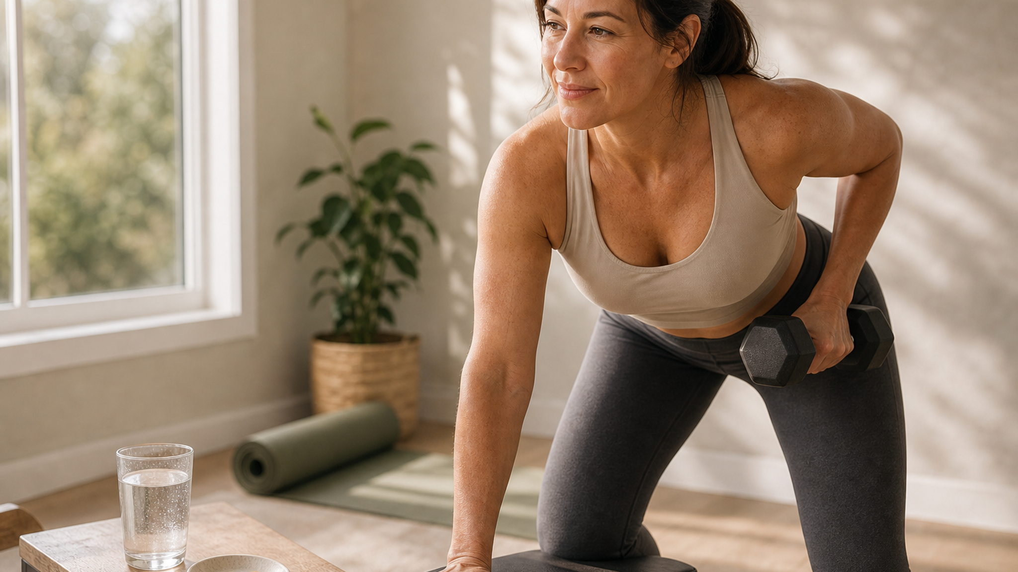 A woman in her 40s tying her trainers beside a gym bag, with creatine powder and fruit gummies laid out for a simple daily routine.