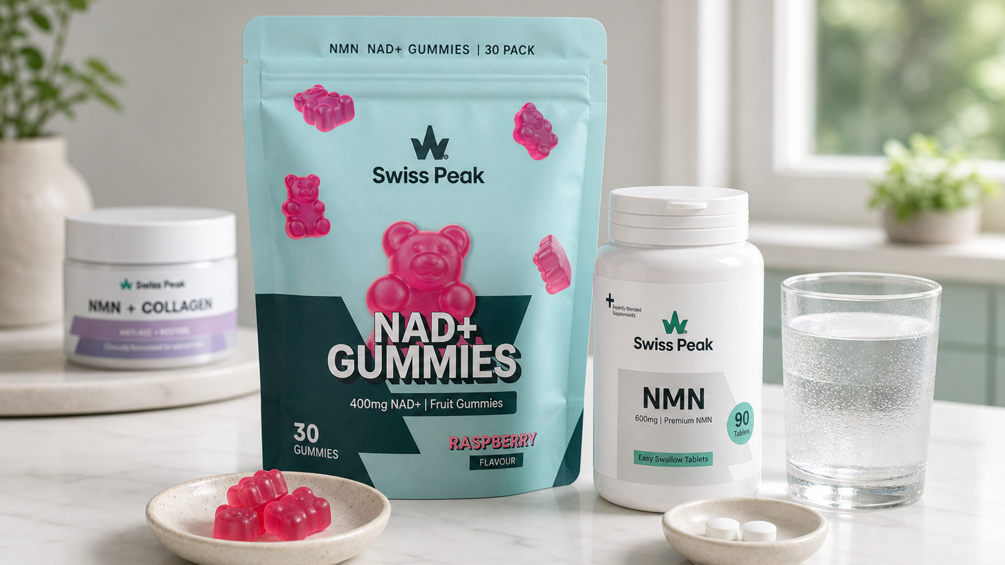 Close-up of UK-made NMN and NAD+ supplements in tablet, gummy and capsule formats on a clean white background with a glass of water.
