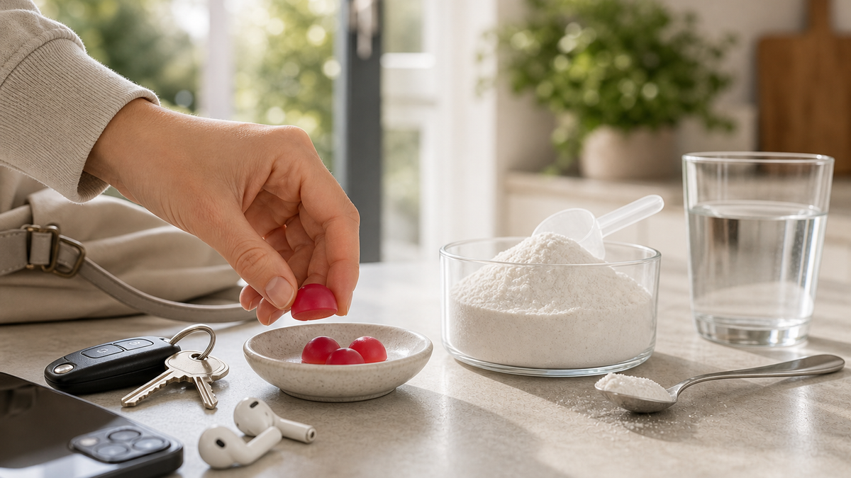 Comparative photo of Swiss Peak Creatine Gummies and Micronised Creatine Monohydrate powder showing servings and tools used to take them.