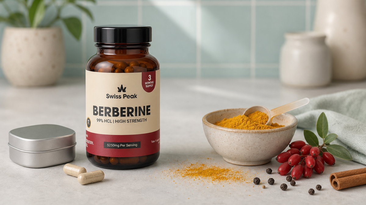 Close-up of berberine capsules alongside a small measuring scoop of yellow powder to illustrate format choice.