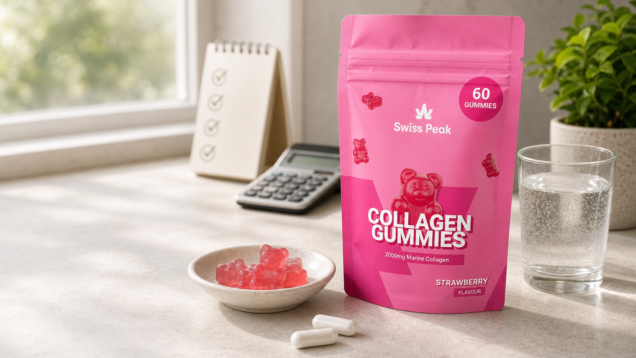 Marine collagen tablets and fruit-flavoured collagen gummies arranged with a product label showing daily dose and co-ingredients.